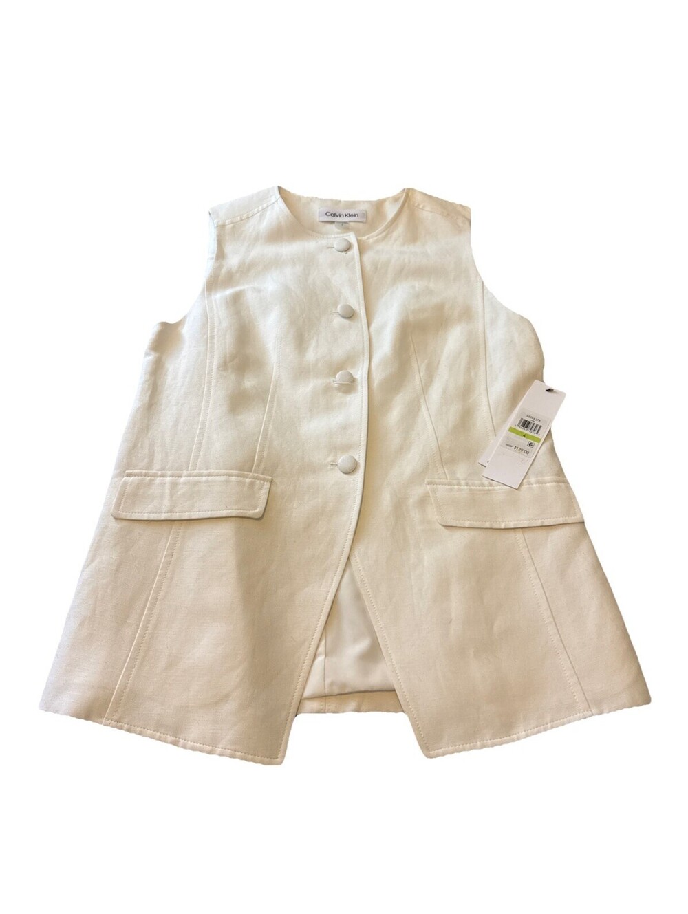 Calvin Klein Women's Linen-Blend Collarless Vest Lined Button Front White Size 4